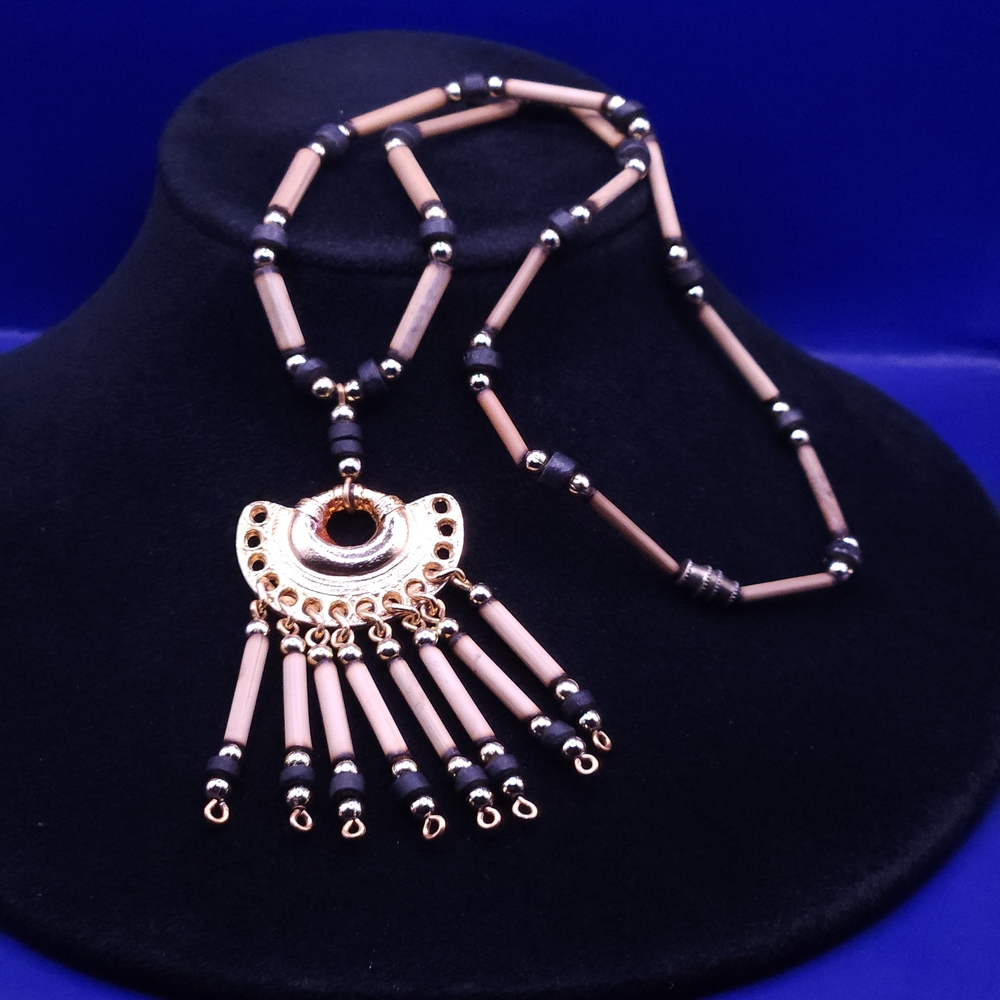 Gold-tone Accent Black and Beige Beaded Fringe Pendant Necklace